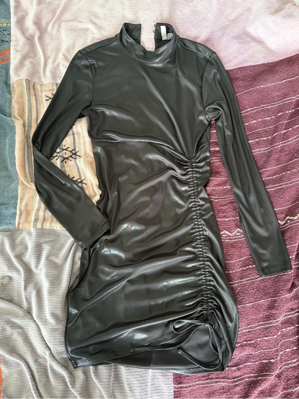 Black Ruched Long-Sleeve Dress